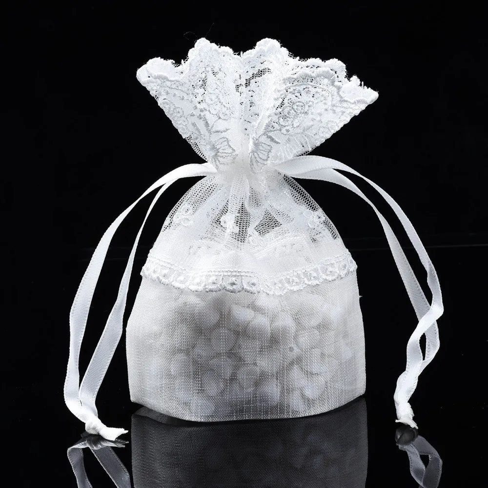 100 pc Polyester Lace & Slub Yarn Drawstring Gift Bags, for Jewelry & Baby Showers Packaging Wedding Favor Bag, 14~15x10~11x0.3cm