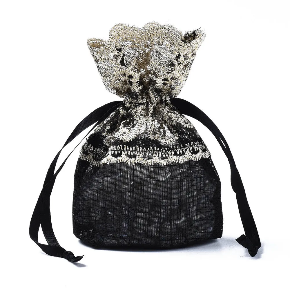 100 pc Polyester Lace & Slub Yarn Drawstring Gift Bags, for Jewelry & Baby Showers Packaging Wedding Favor Bag, 14~15x10~11x0.3cm