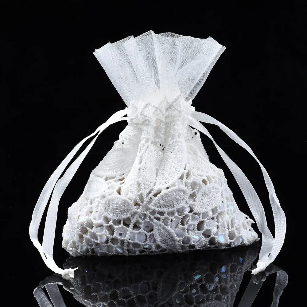 100 pc Polyester Lace & Slub Yarn Drawstring Gift Bags, for Jewelry & Baby Showers Packaging Wedding Favor Bag, 14~15x10~11x0.3cm