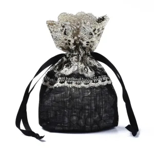100 pc Polyester Lace & Slub Yarn Drawstring Gift Bags, for Jewelry & Baby Showers Packaging Wedding Favor Bag, 14~15x10~11x0.3cm