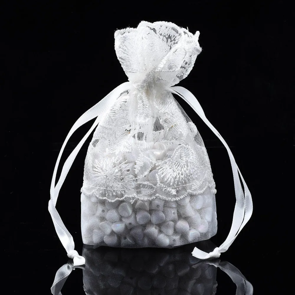 100 pc Polyester Lace & Slub Yarn Drawstring Gift Bags, for Jewelry & Baby Showers Packaging Wedding Favor Bag, 14~15x10~11x0.3cm
