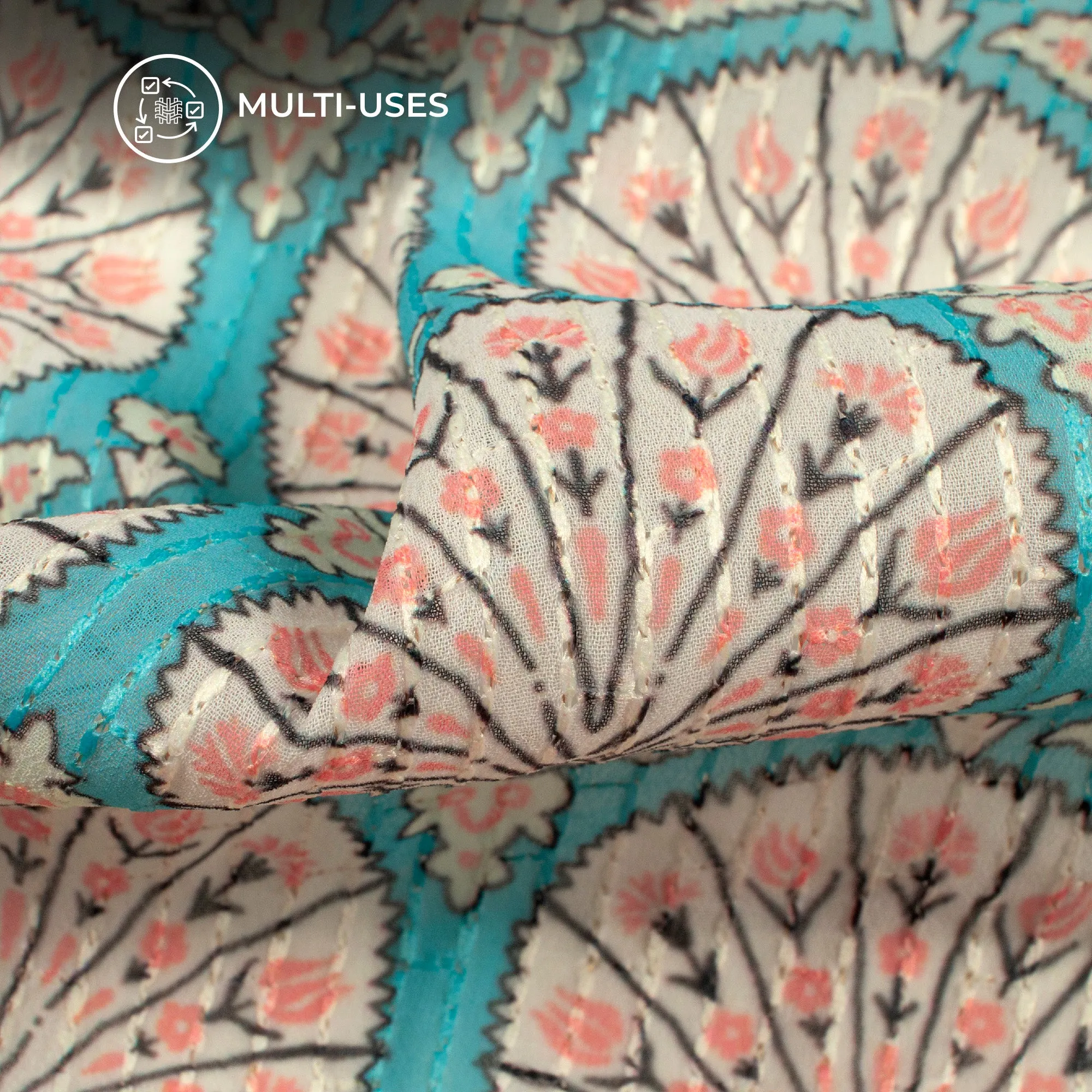Baby Blue And White Floral Premium Embroidery Digital Print Georgette Fabric