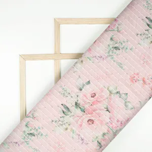 Baby Pink And Green Floral Pattern Digital Print Premium Sequins Georgette Fabric