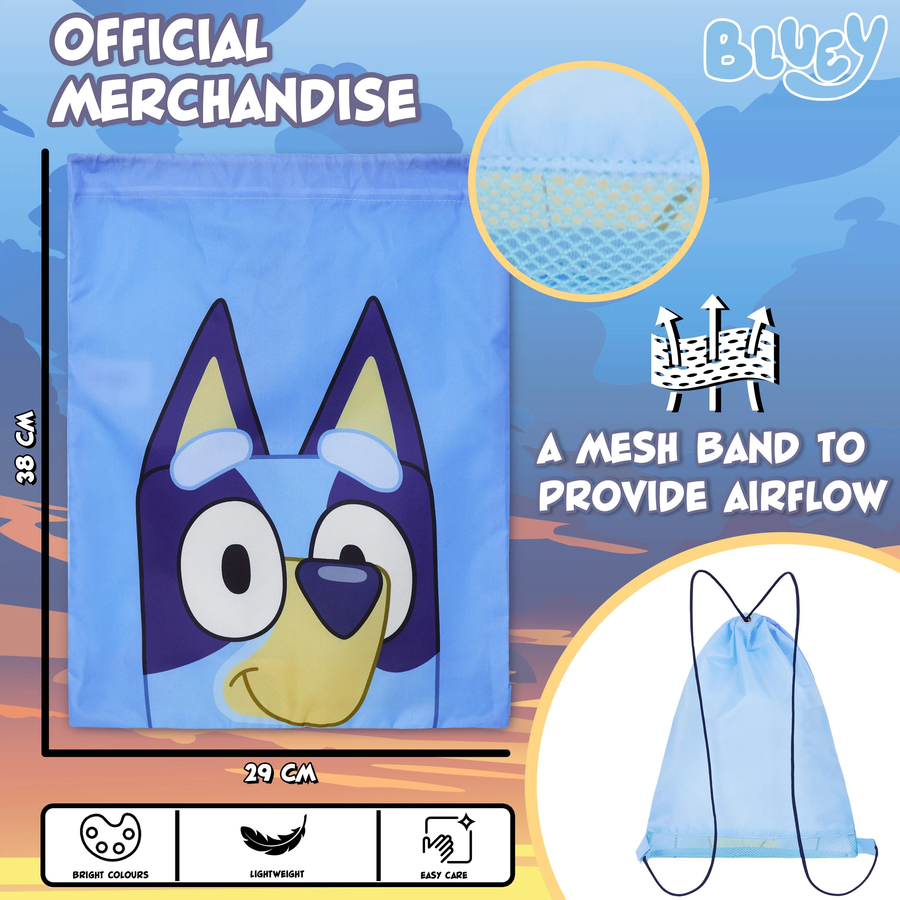 Bluey Kids Drawstring Bags, 29 x 38cm Swimming Bag with Airflow Vent