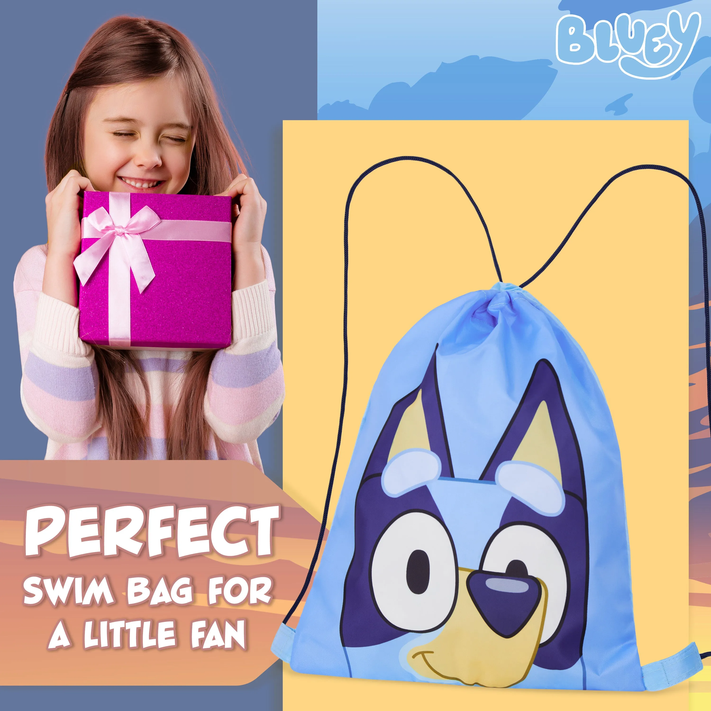 Bluey Kids Drawstring Bags, 29 x 38cm Swimming Bag with Airflow Vent