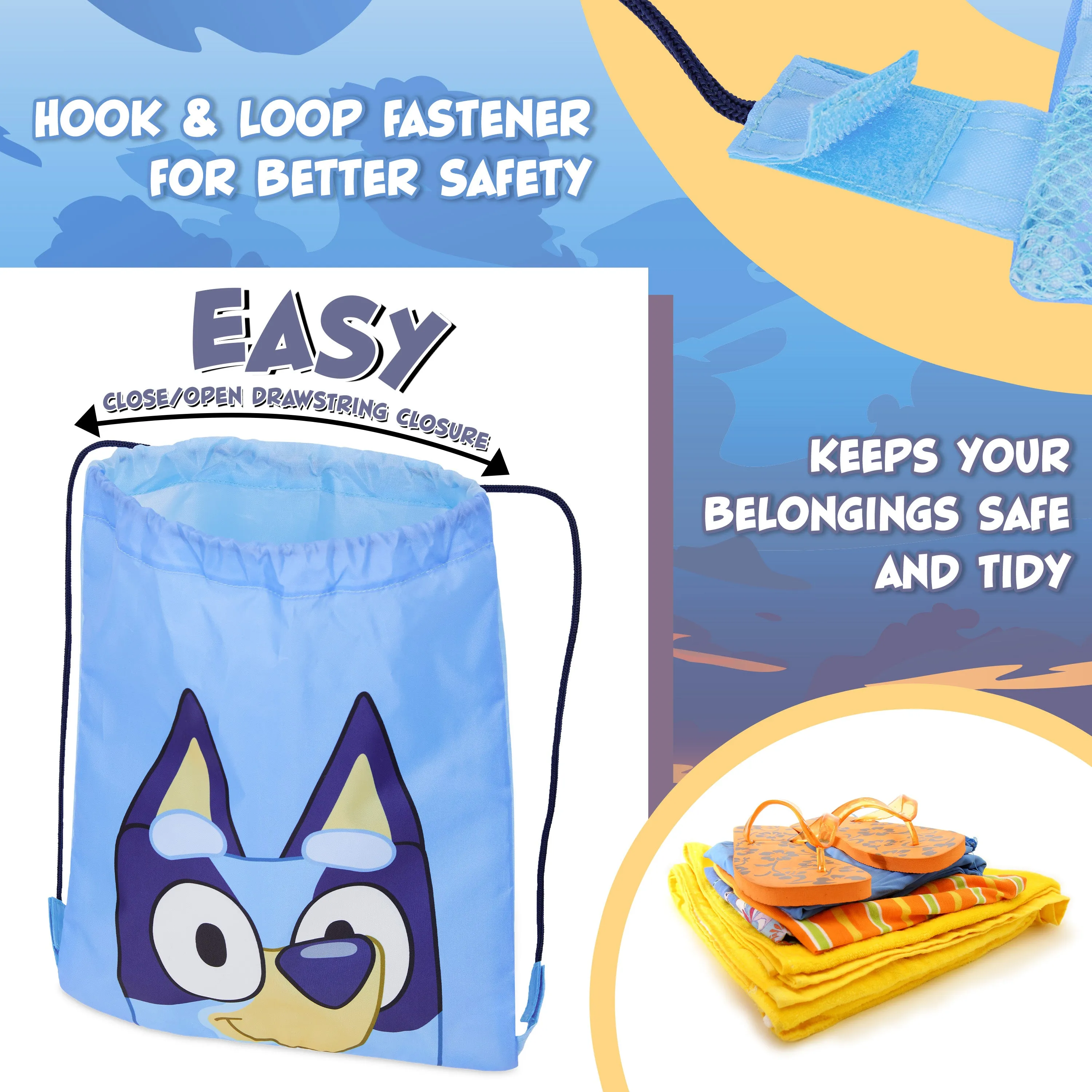 Bluey Kids Drawstring Bags, 29 x 38cm Swimming Bag with Airflow Vent