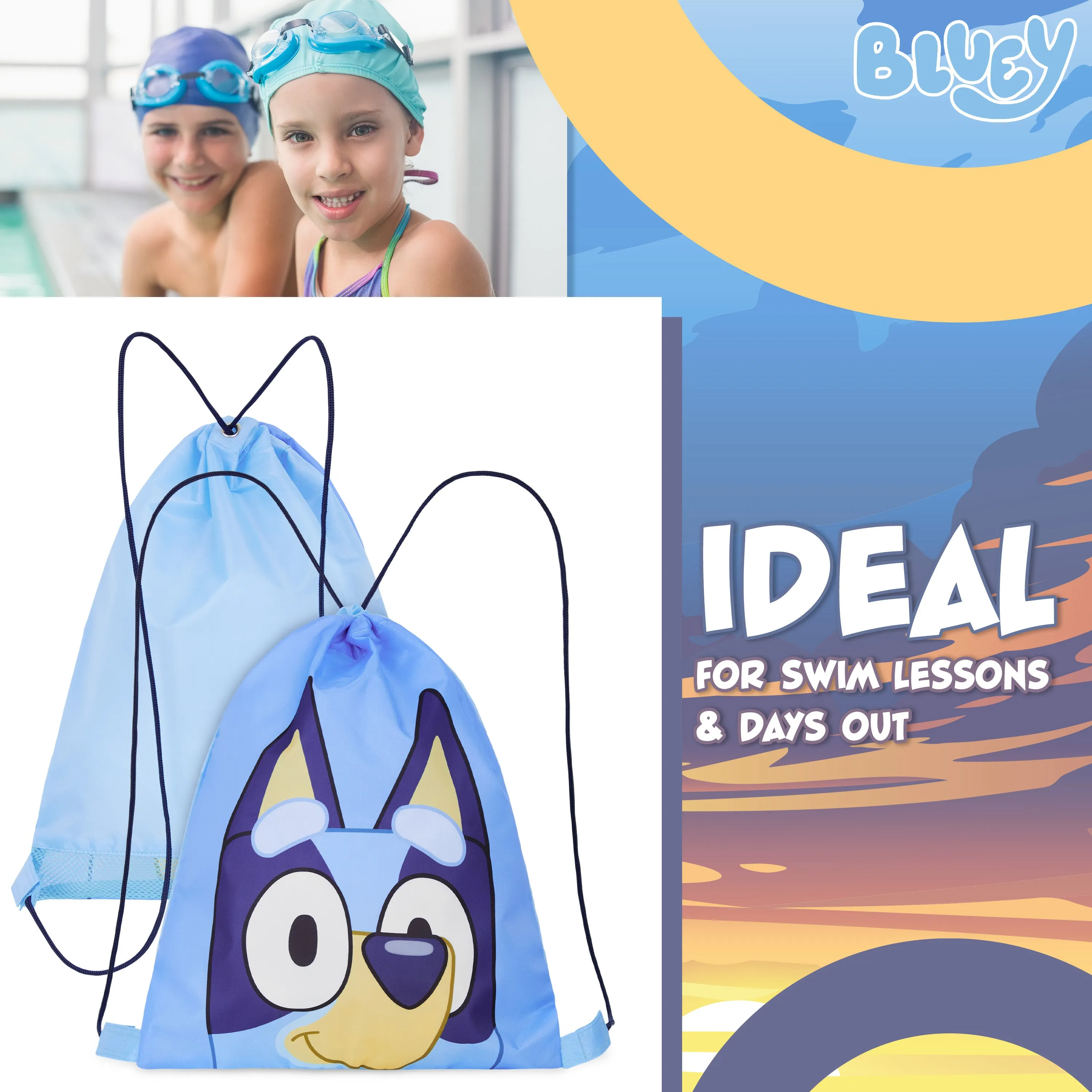 Bluey Kids Drawstring Bags, 29 x 38cm Swimming Bag with Airflow Vent