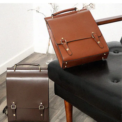 Brown Classic Satchel Laptop Leather School Backpack for Women