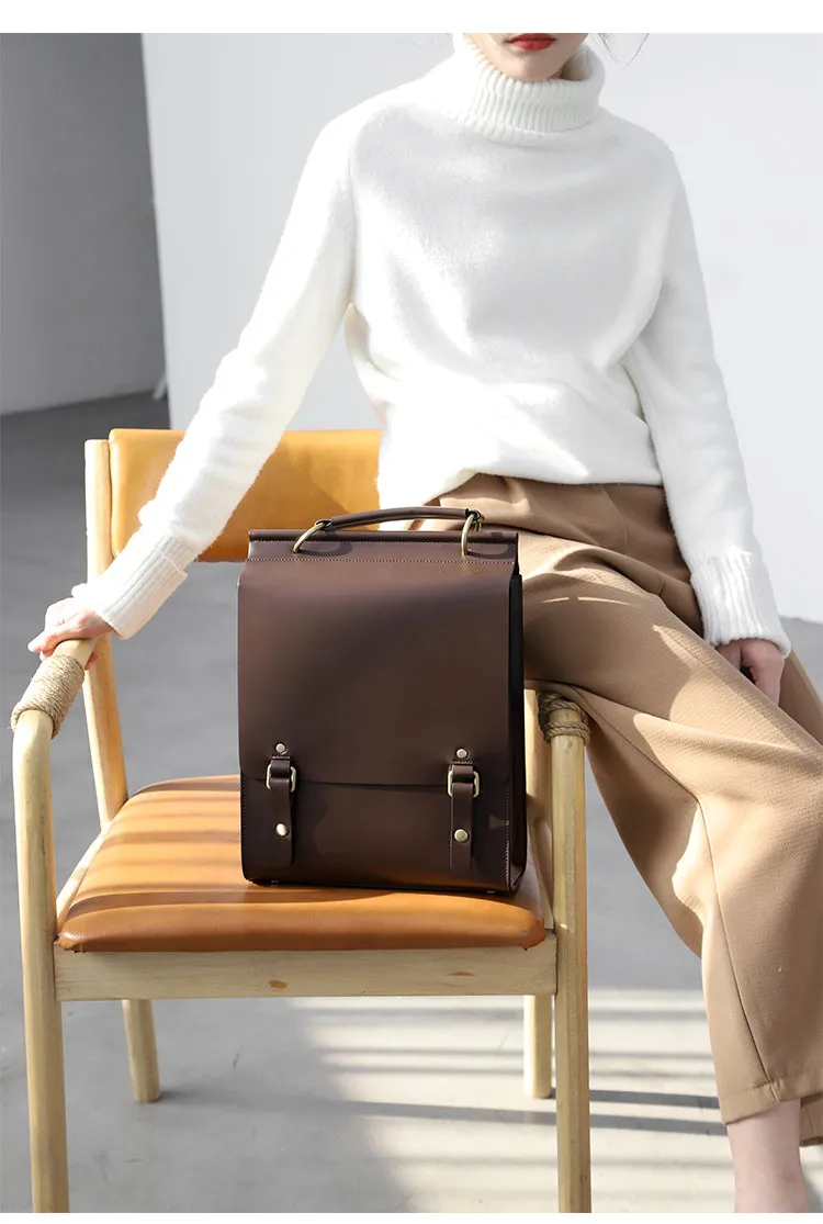 Brown Classic Satchel Laptop Leather School Backpack for Women