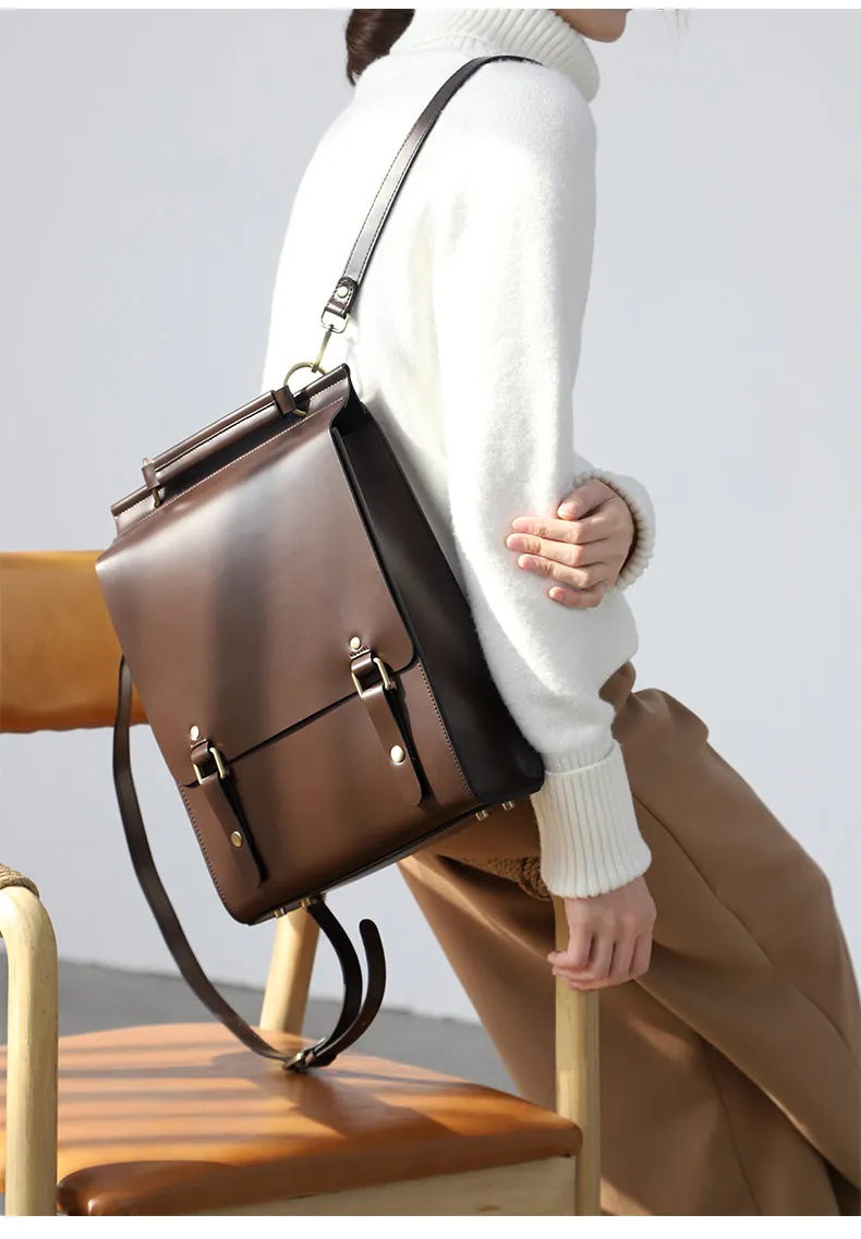 Brown Classic Satchel Laptop Leather School Backpack for Women