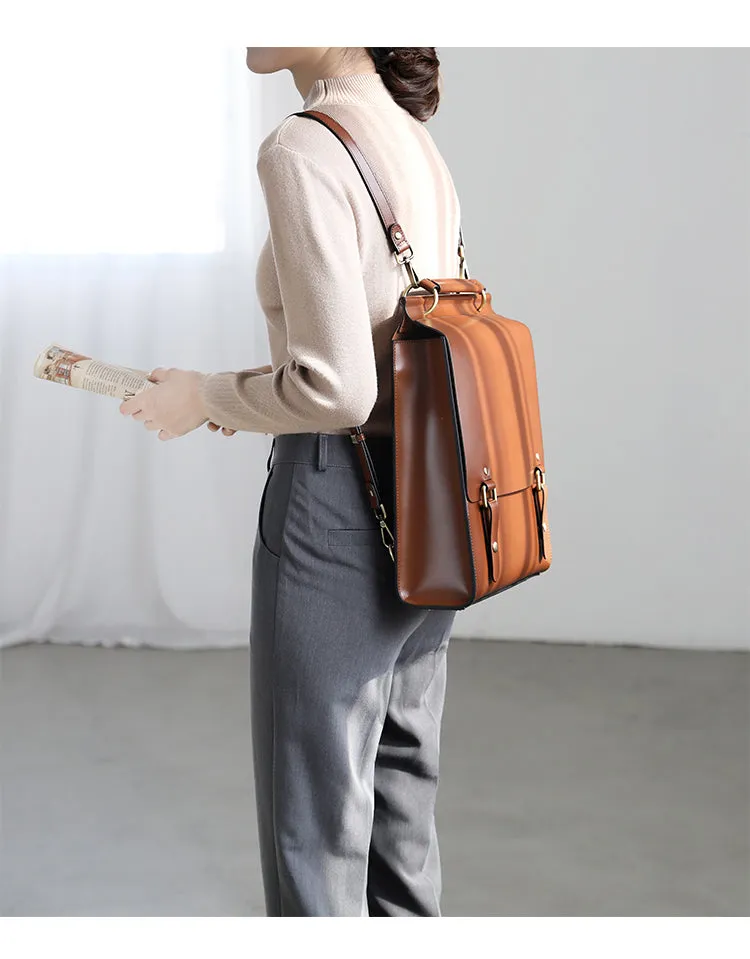 Brown Classic Satchel Laptop Leather School Backpack for Women