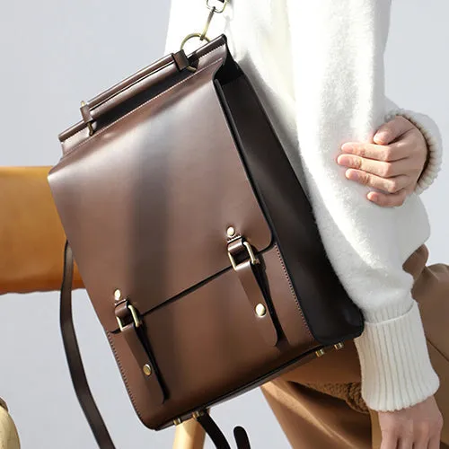 Brown Classic Satchel Laptop Leather School Backpack for Women