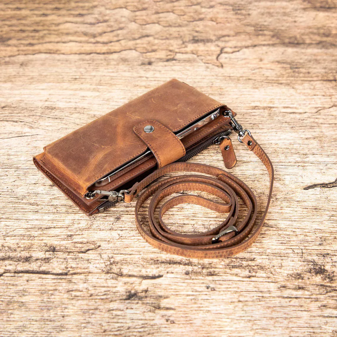 Dazzlo Leather Wallet with Phone Compartment - Brown - 7"