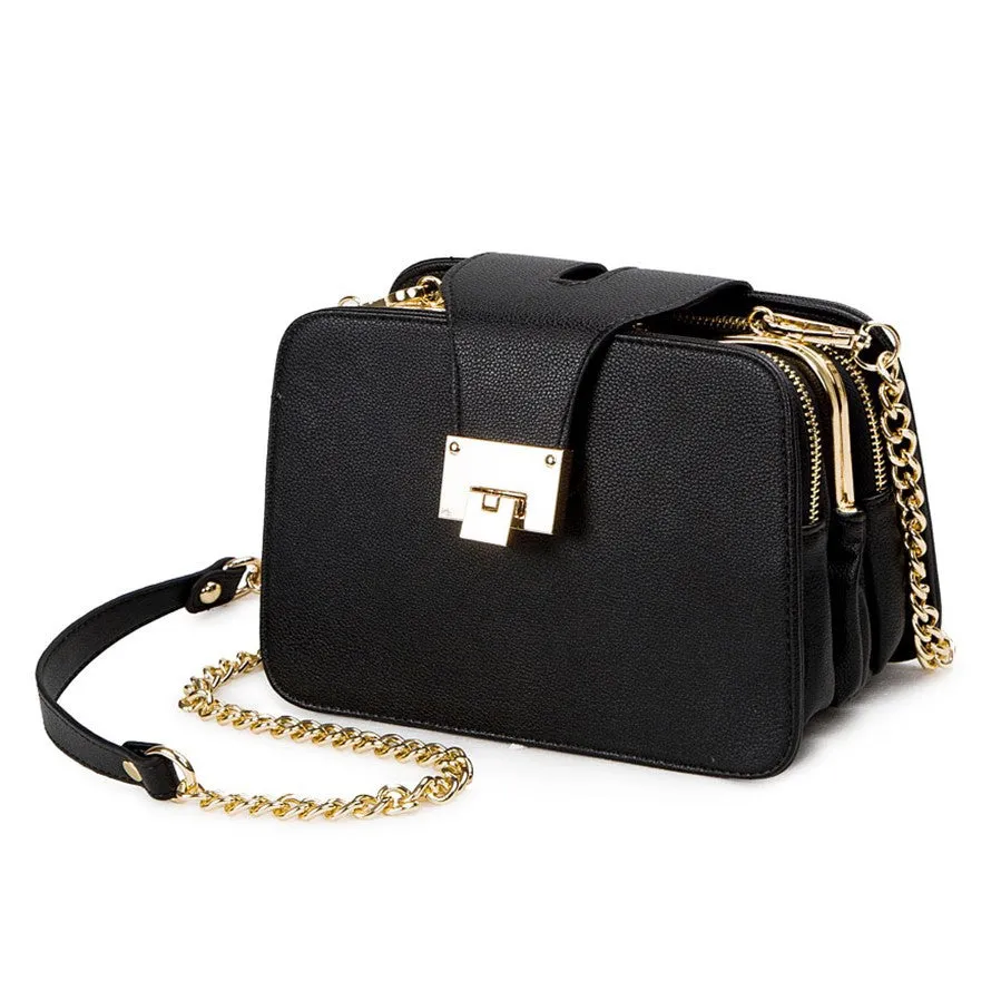 Elegant Wide Messenger Hand Bag with Zippers & Metal Buckle