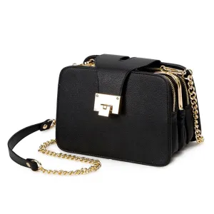 Elegant Wide Messenger Hand Bag with Zippers & Metal Buckle