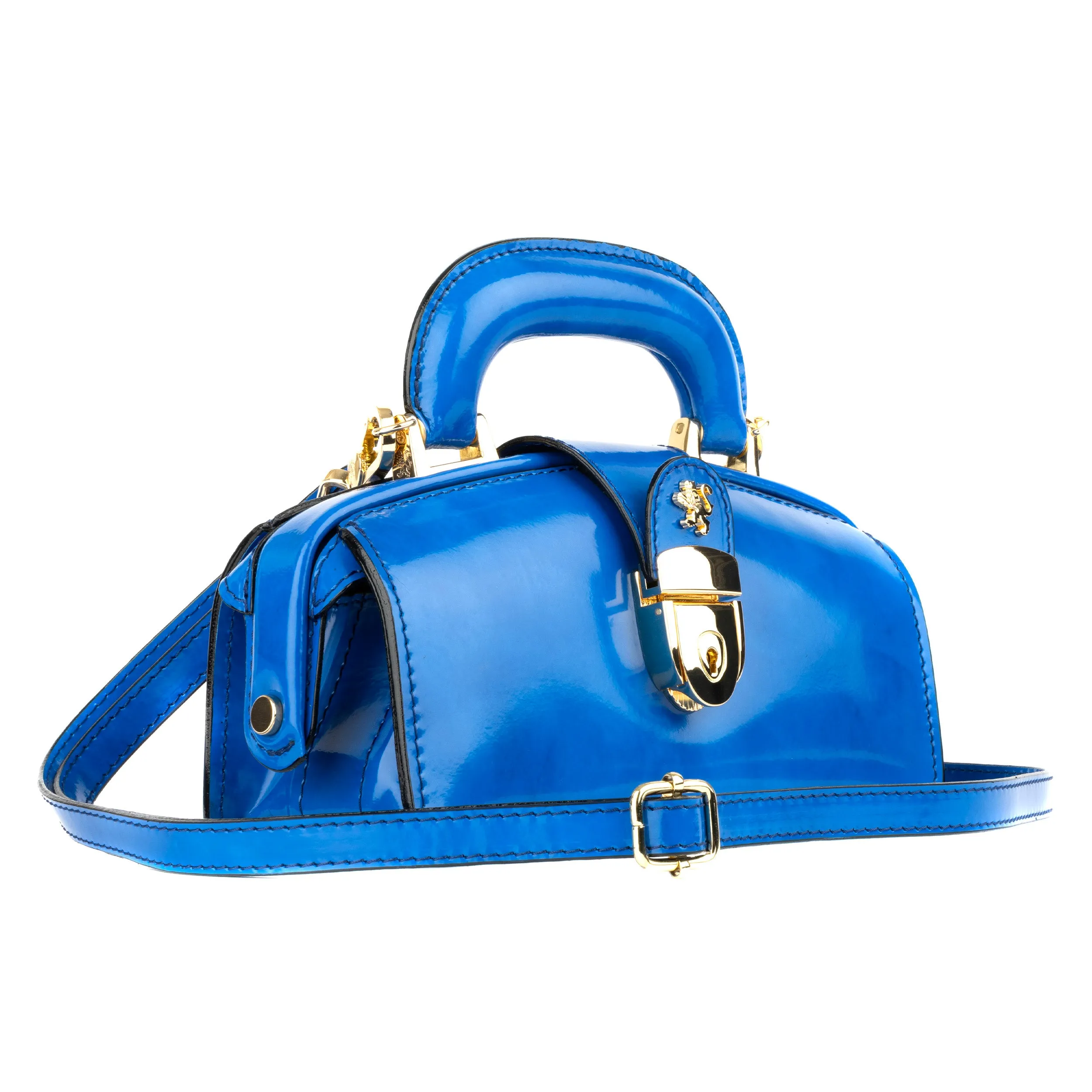 Gazelle Mini - Blue - Mini blue leather bag in gold-tone hardware with LED light