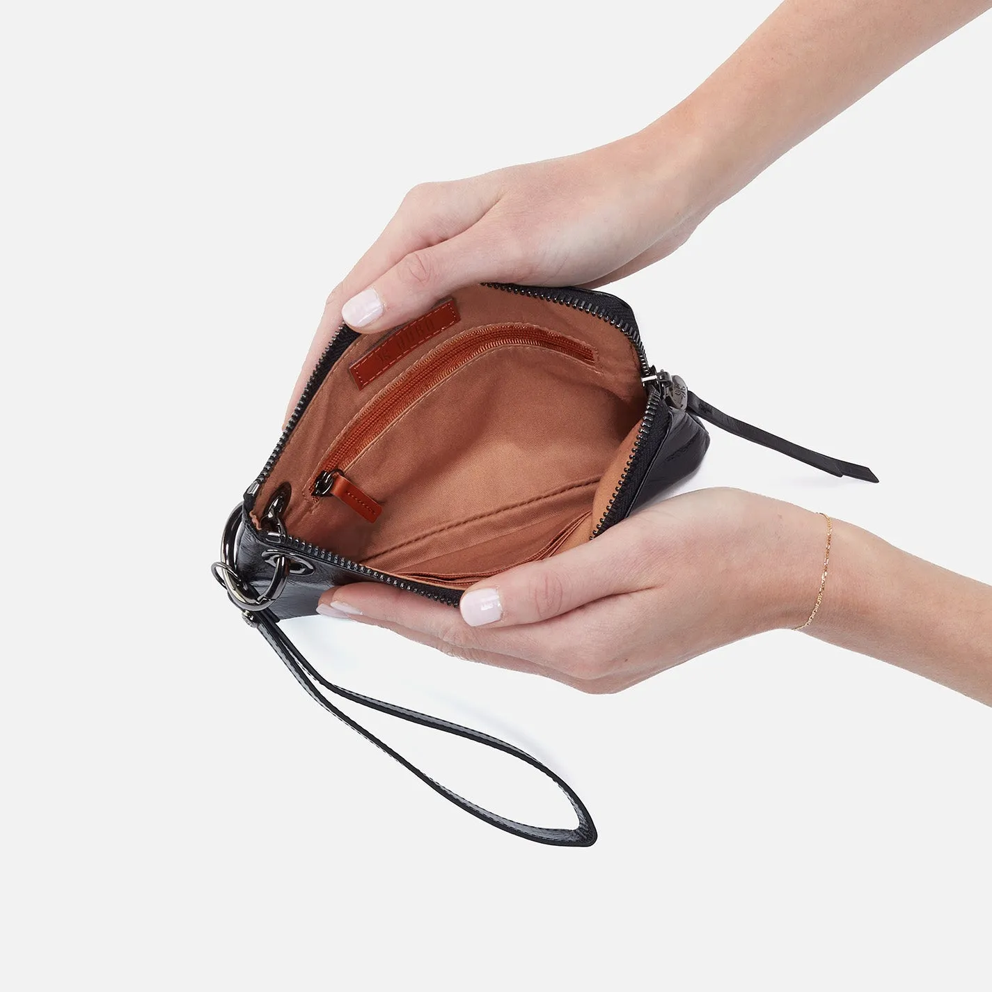 Keeper Pouch Wristlet In Polished Leather - Black