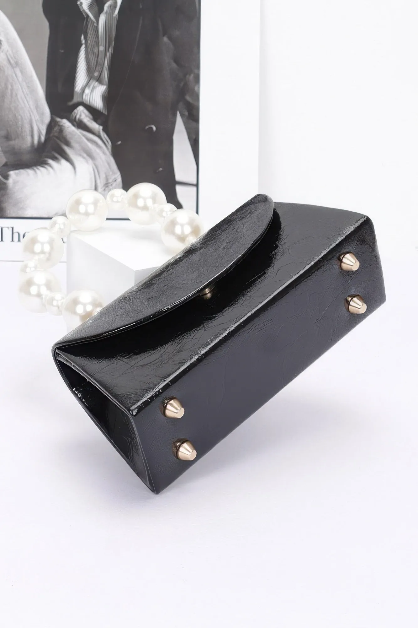 Metallic Pearl Handle Flap Bag