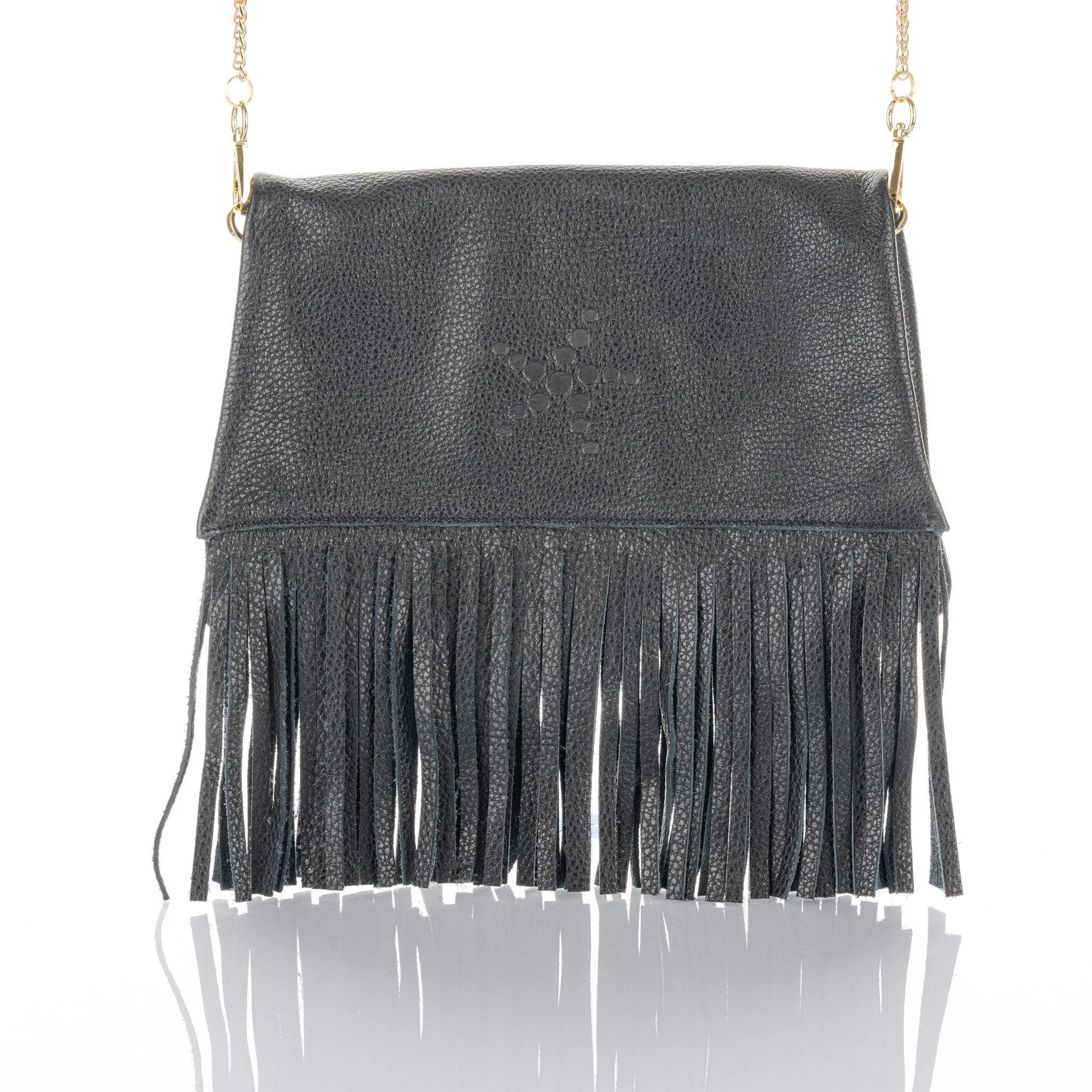 Nicole - Fringe Grain Leather Clutch Bag - Black