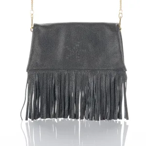 Nicole - Fringe Grain Leather Clutch Bag - Black