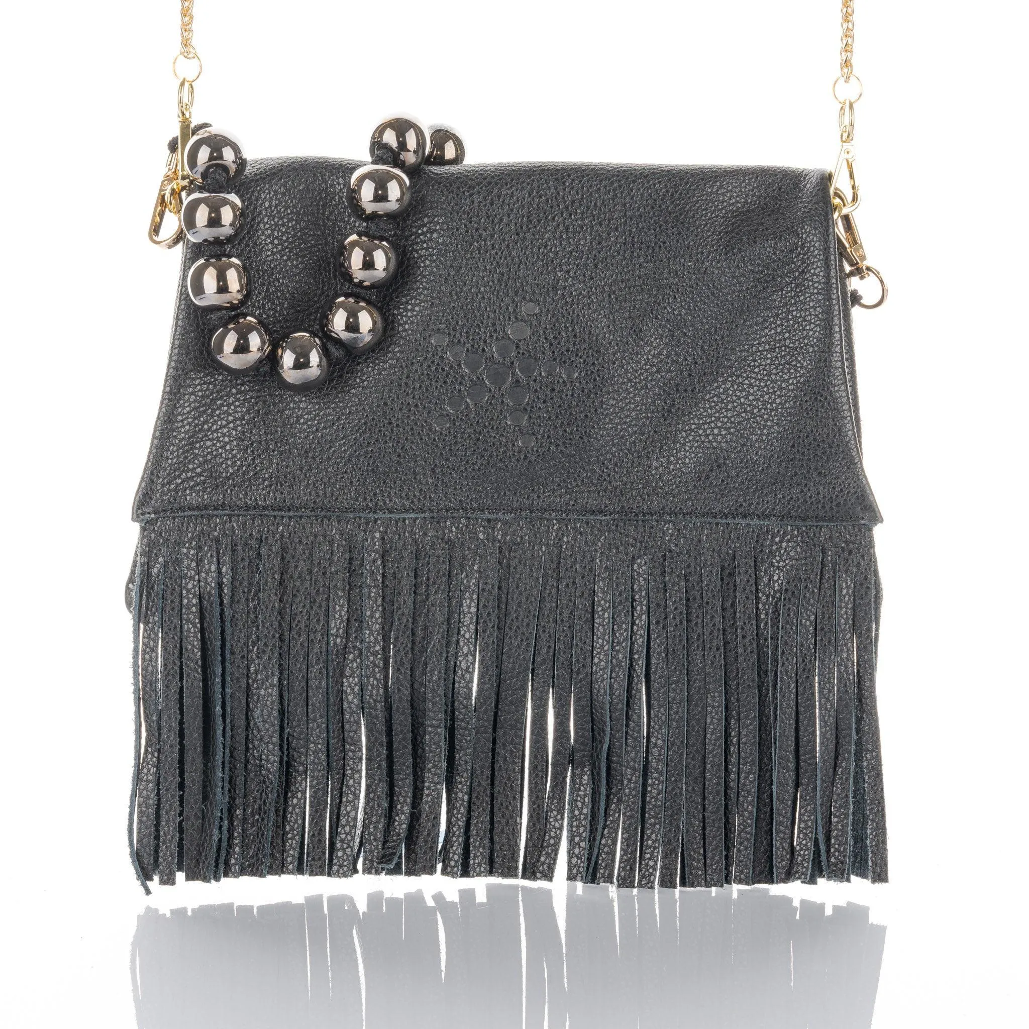 Nicole - Fringe Grain Leather Clutch Bag - Black