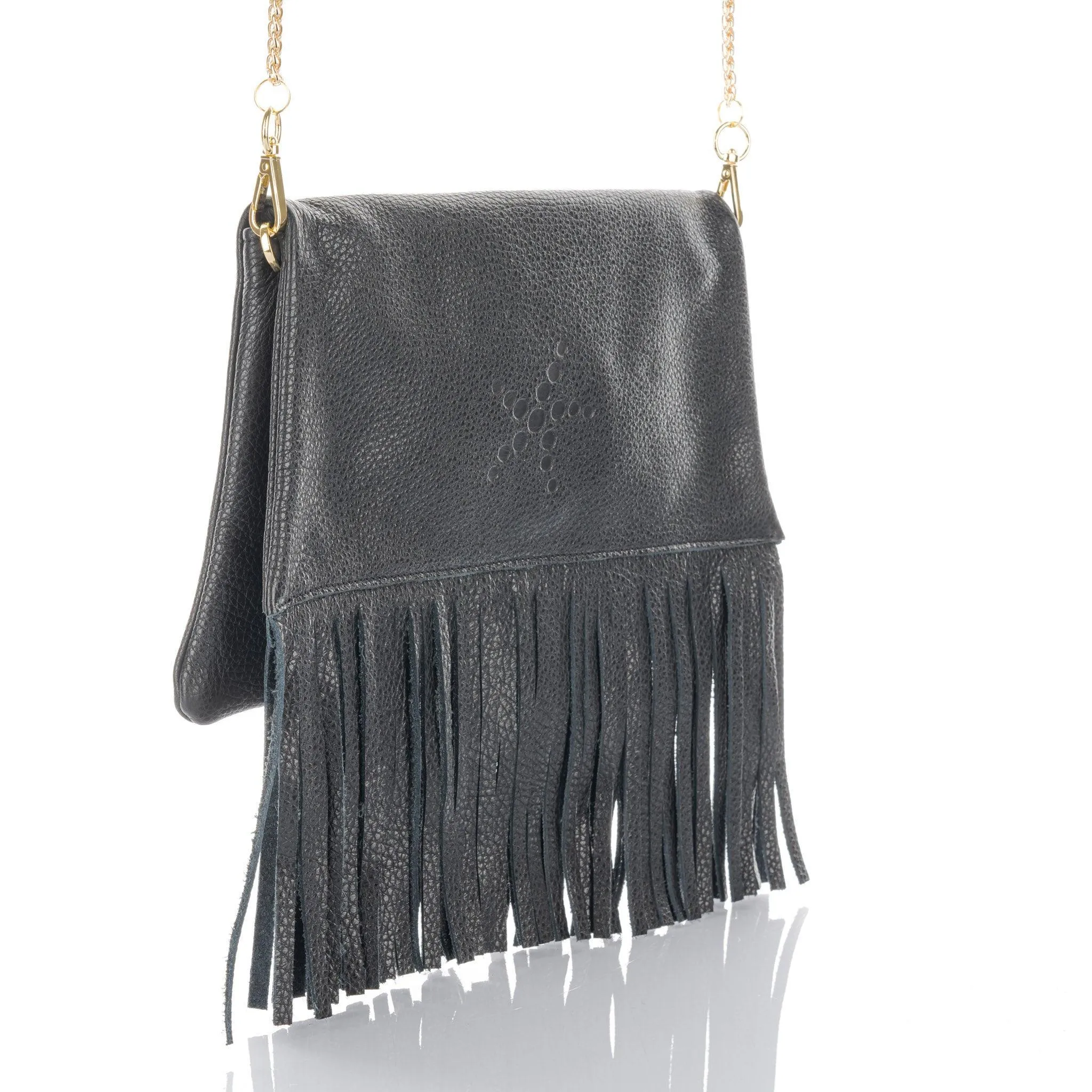 Nicole - Fringe Grain Leather Clutch Bag - Black