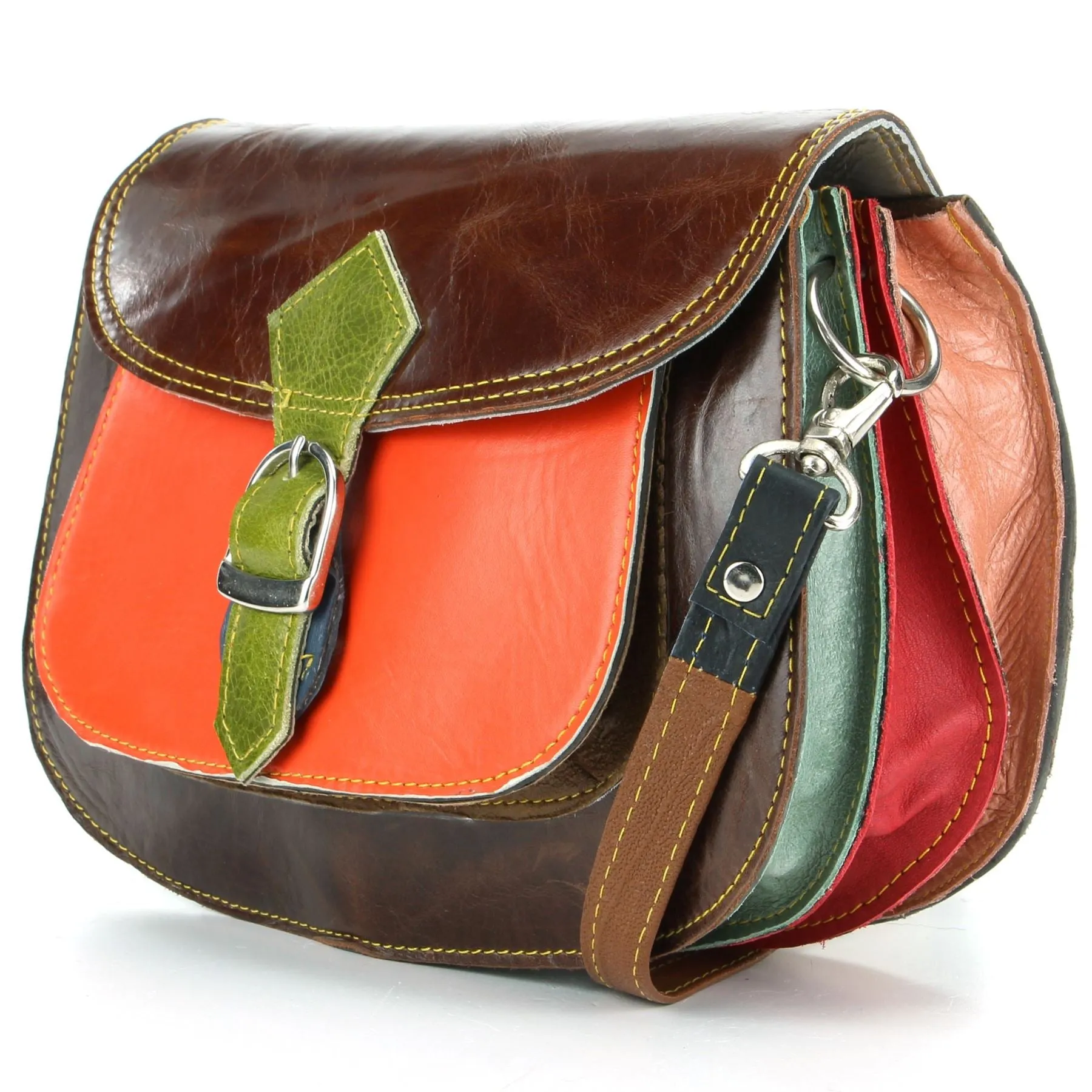 Real Leather Colourful Messenger Shoulder Bag - Orange Mix