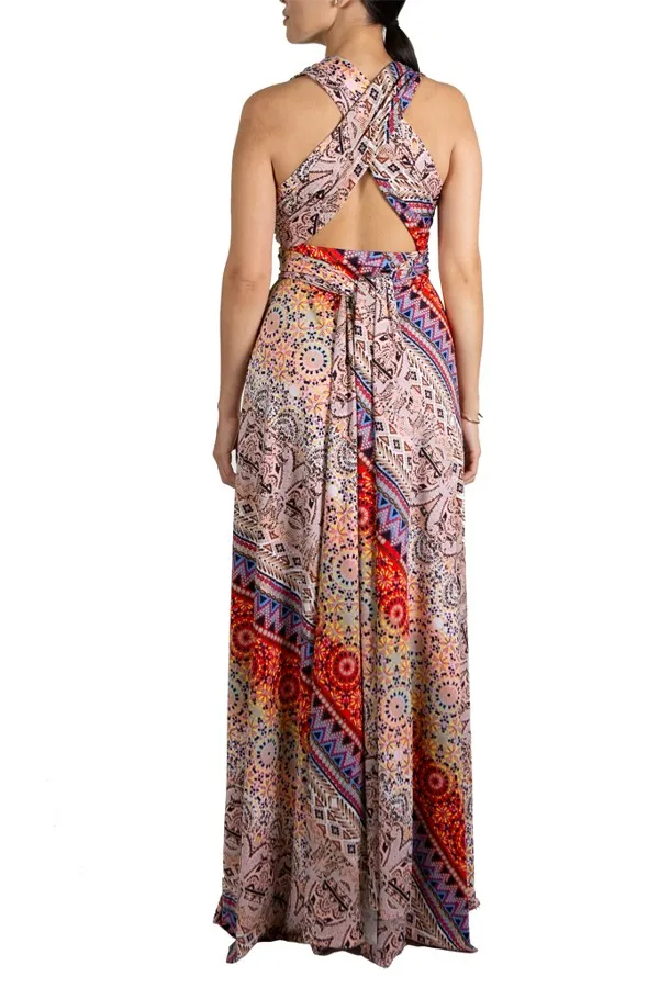 Red Multi Print Multi Style Convertible Maxi Dress