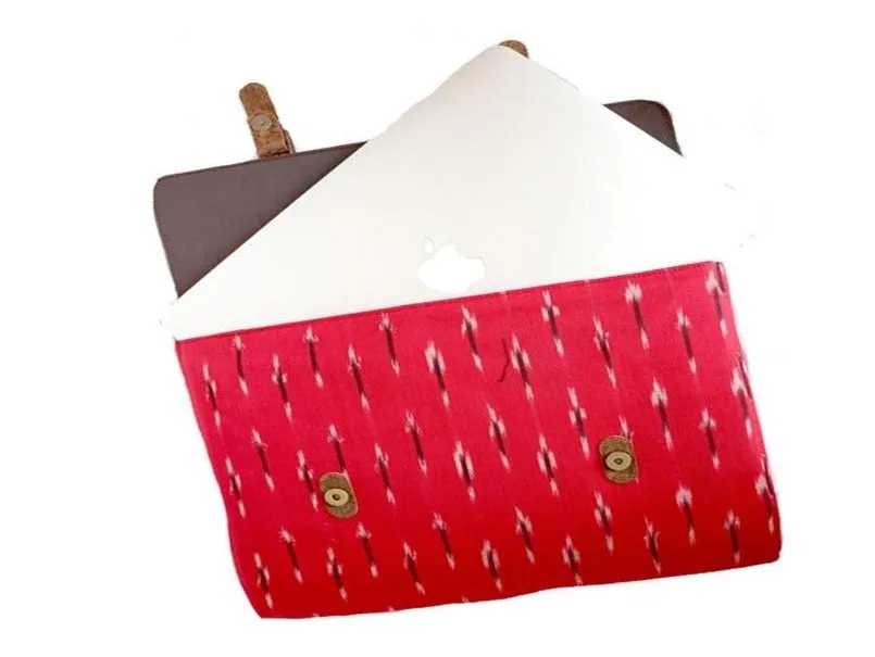 Red Vegan Leather and Ikat Weave  Laptop Sleeve