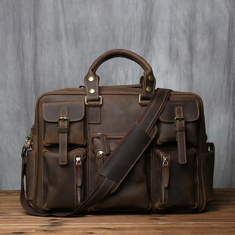 Retro Men's Cowhide Leather Handbag With Large Capacity For Travel And Work
