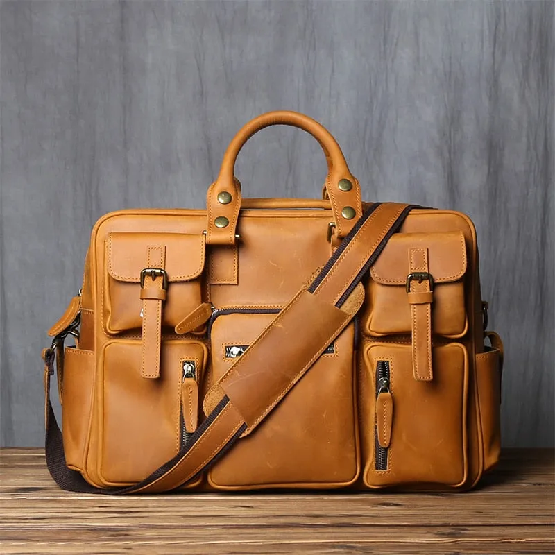 Retro Men's Cowhide Leather Handbag With Large Capacity For Travel And Work