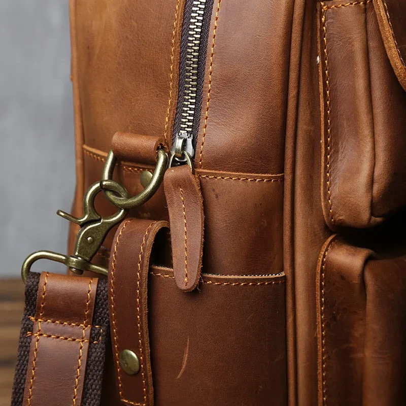 Retro Men's Cowhide Leather Handbag With Large Capacity For Travel And Work