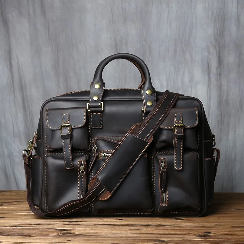 Retro Men's Cowhide Leather Handbag With Large Capacity For Travel And Work