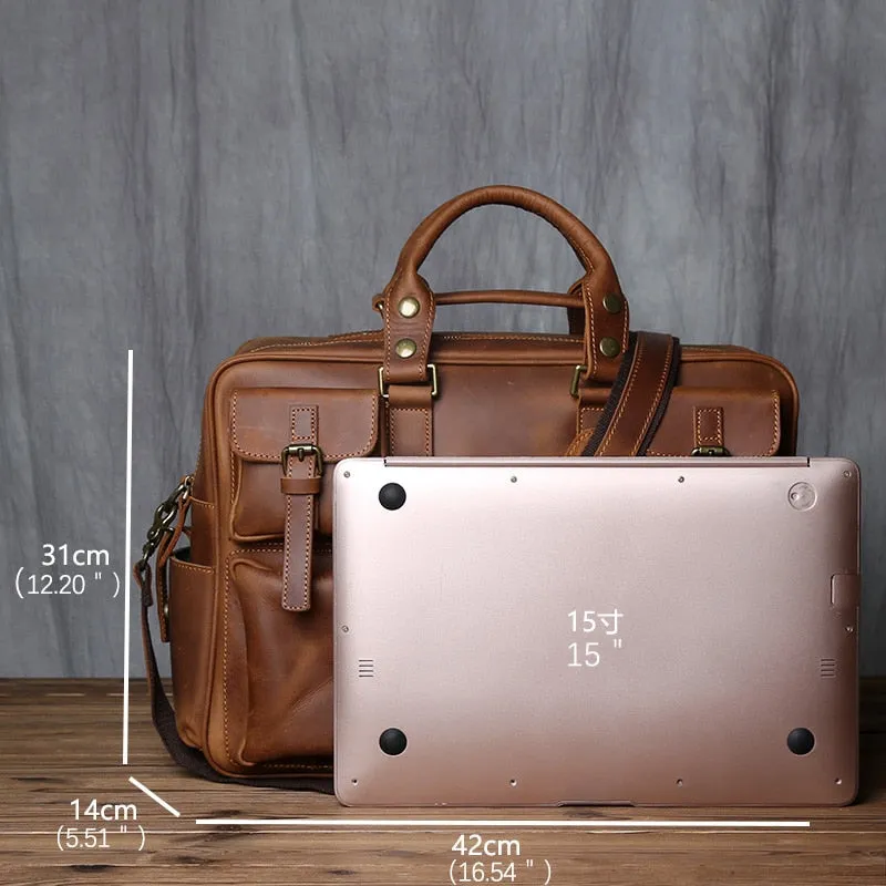 Retro Men's Cowhide Leather Handbag With Large Capacity For Travel And Work