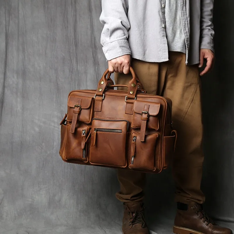 Retro Men's Cowhide Leather Handbag With Large Capacity For Travel And Work