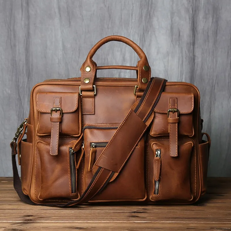 Retro Men's Cowhide Leather Handbag With Large Capacity For Travel And Work