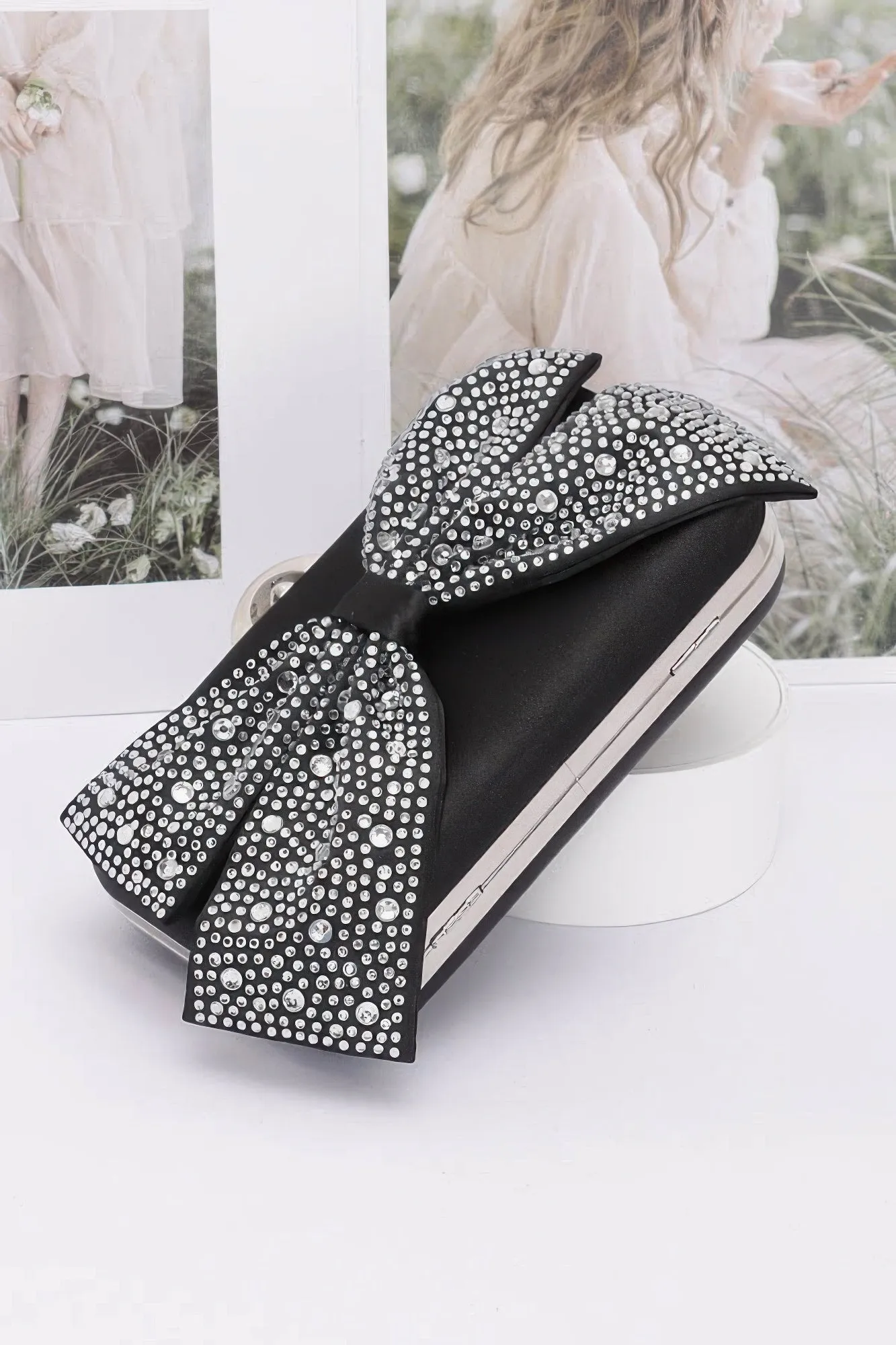 Rhinestone Hotfix Ribbon Nylon Hard Case Clutch