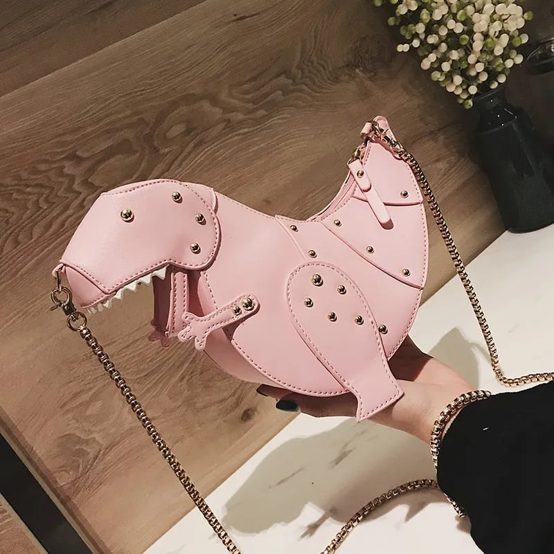 Trend Fashion 3D Dinosaur Design Rivets Pu Leather Girl&#39;s Chain Purse Shoulder Bag Tote Ladies Crossbody Mini Messenger Bag Flap