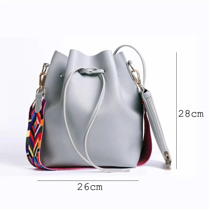 WOMEN BAG WITH COLORFUL STRAP BUCKET BAG WOMEN PU LEATHER SHOULDER BAGS CROSSBODY MESSENGER BAGS